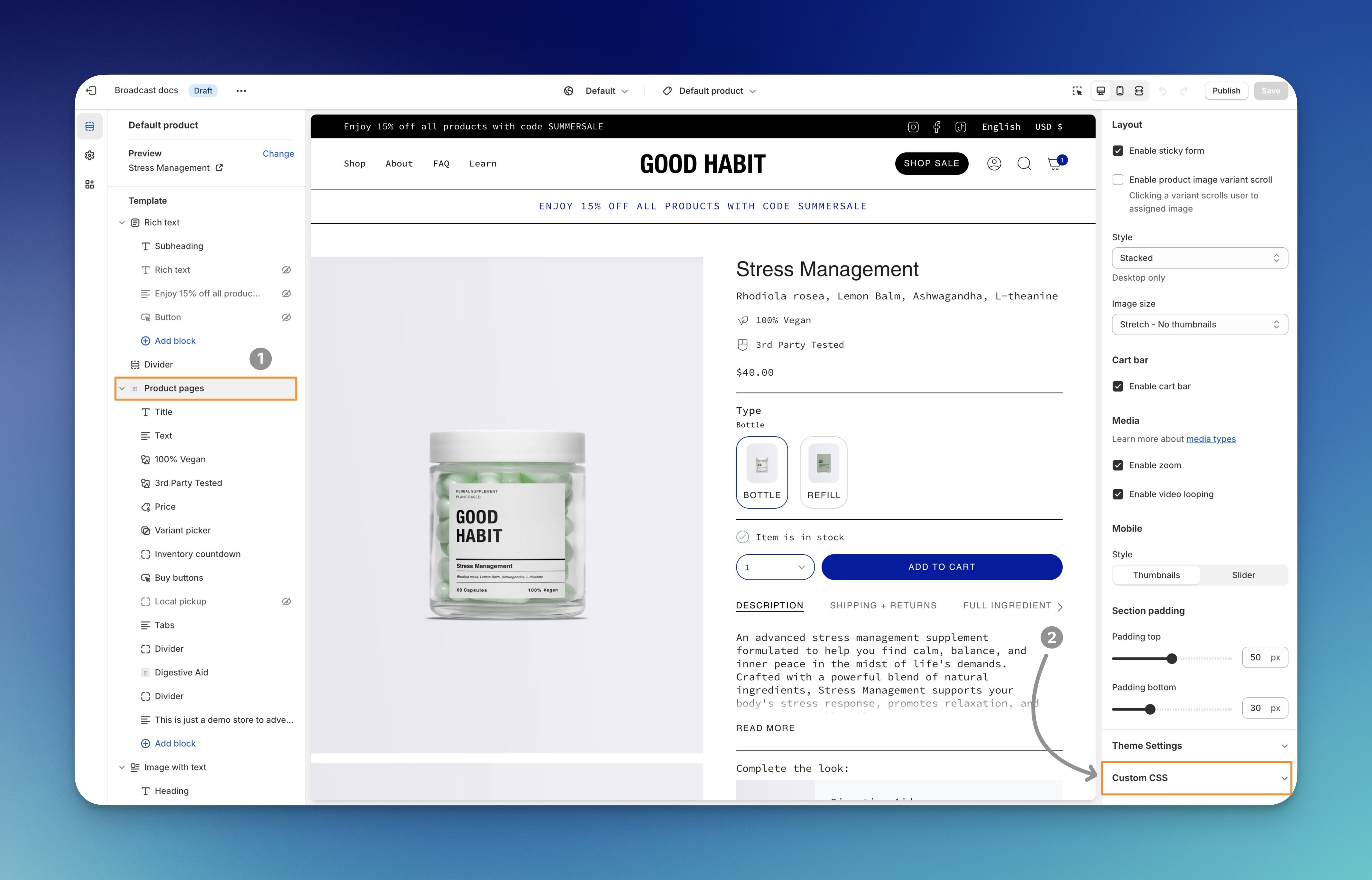 The image is pointing where the custom CSS settings are positioned when the product pages section is selected