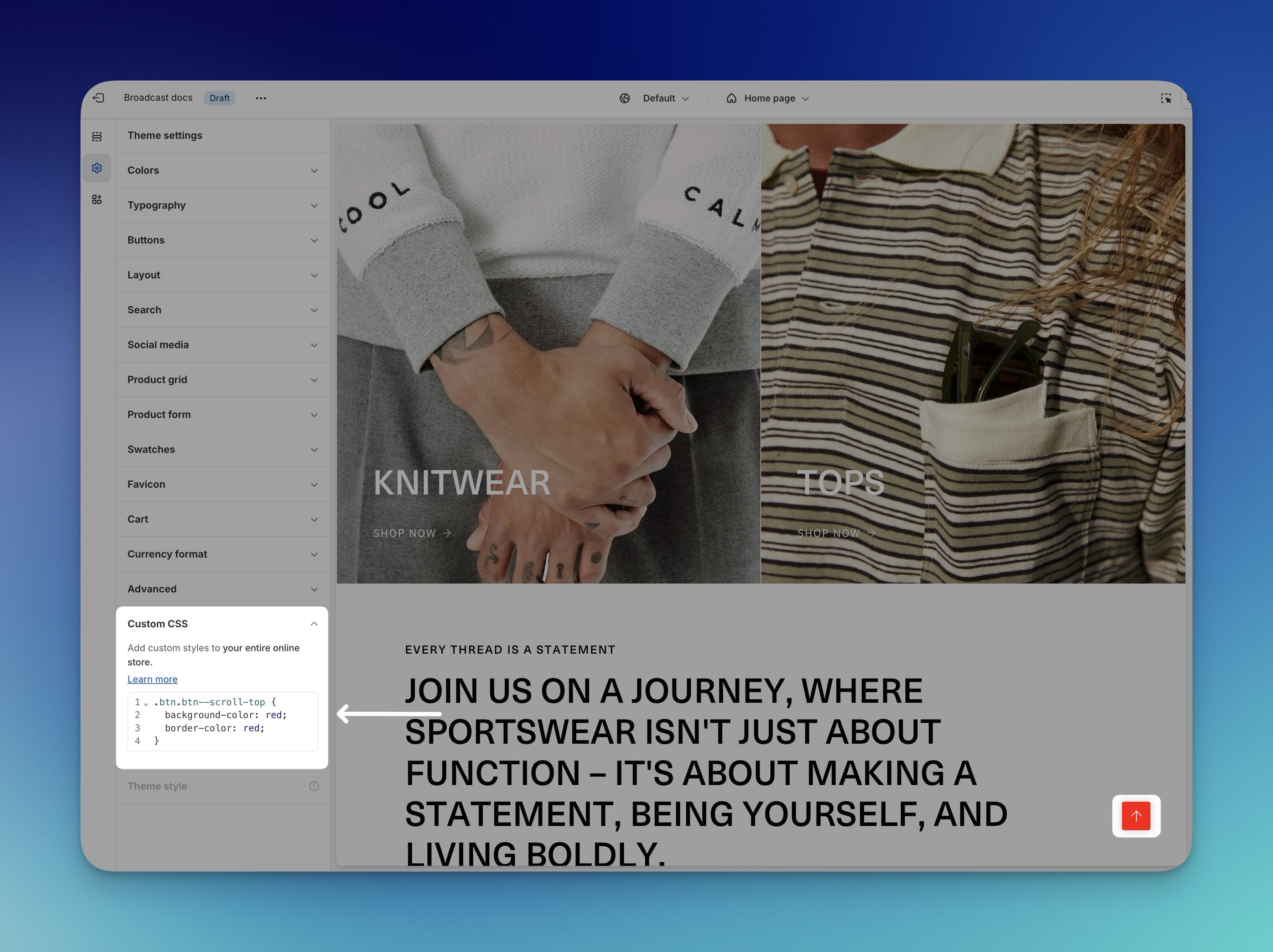 Example of how it looks when a custom CSS snippet is inserted