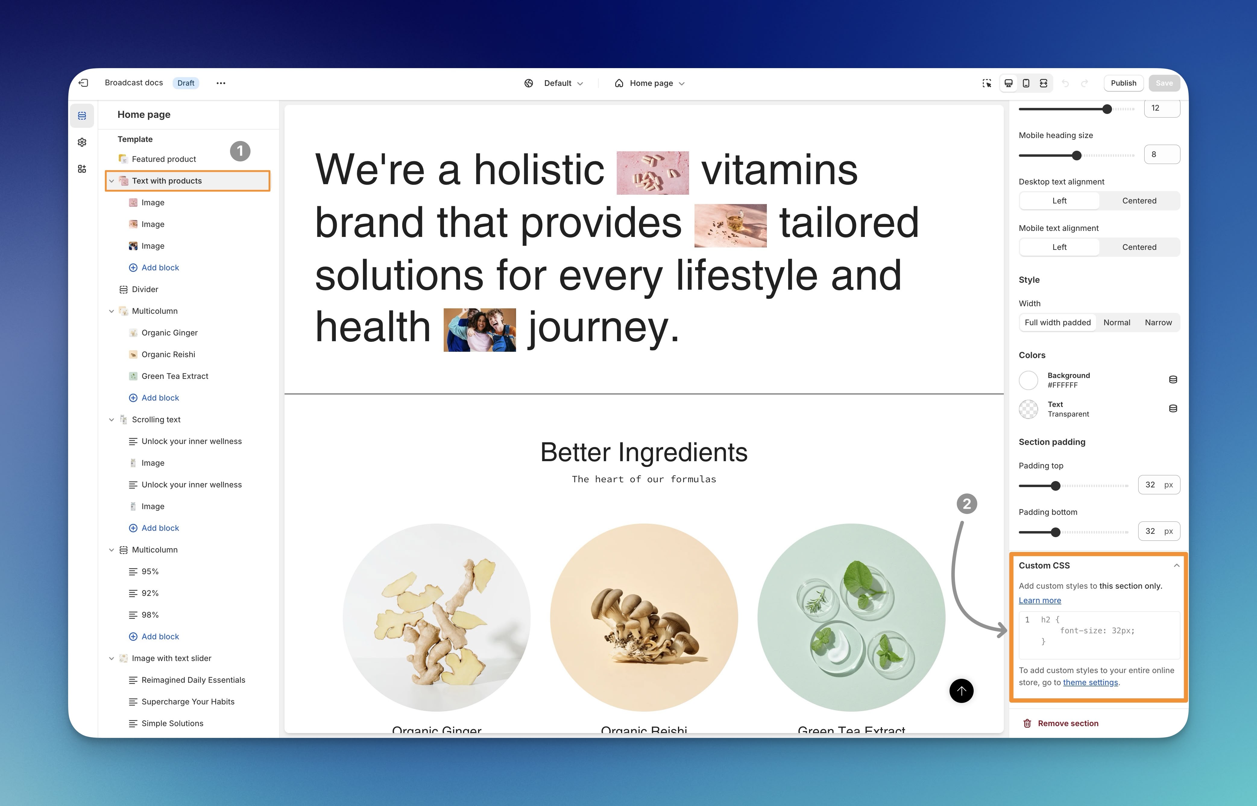 Example of expanded custom CSS settings for a different text with products section
