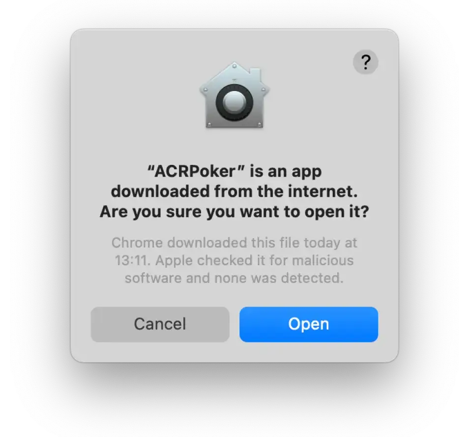 Lanzamiento de la aplicación ACR Poker (Americas Cardroom) en macOS con un mensaje de aplicación verificada