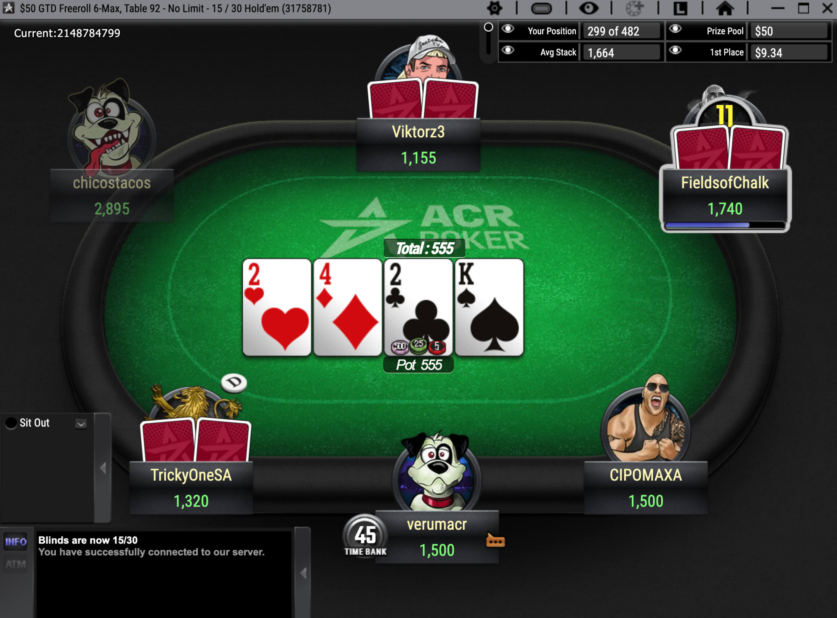Mesa de juego de ACR Poker (Americas Cardroom) con los jugadores del torneo y visualización de las apuestas y ganancias