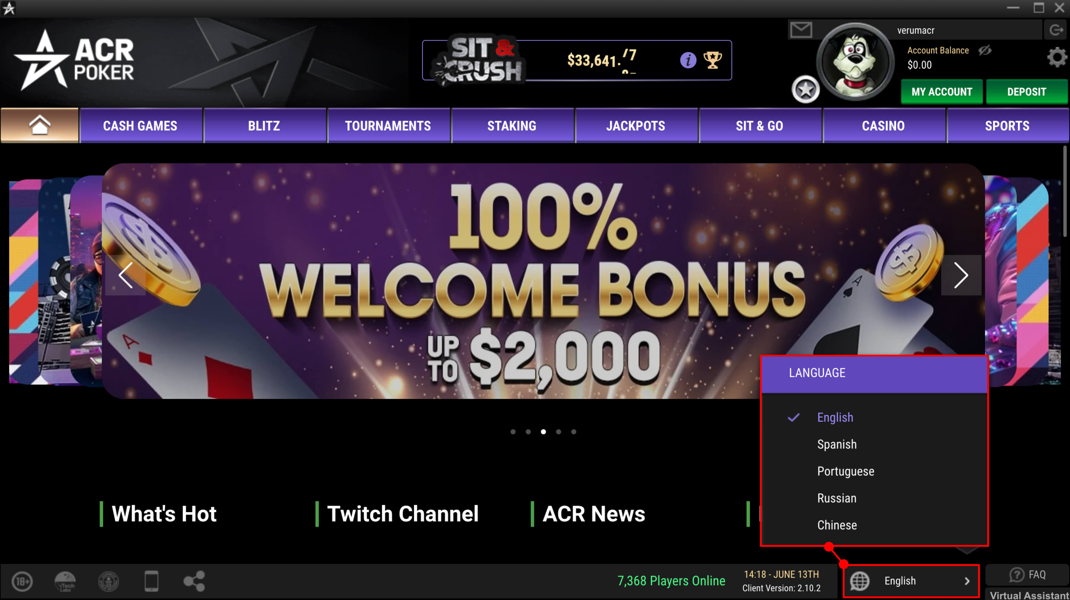 Pantalla de selección del idioma de la interfaz en la aplicación ACR Poker (Americas Cardroom)