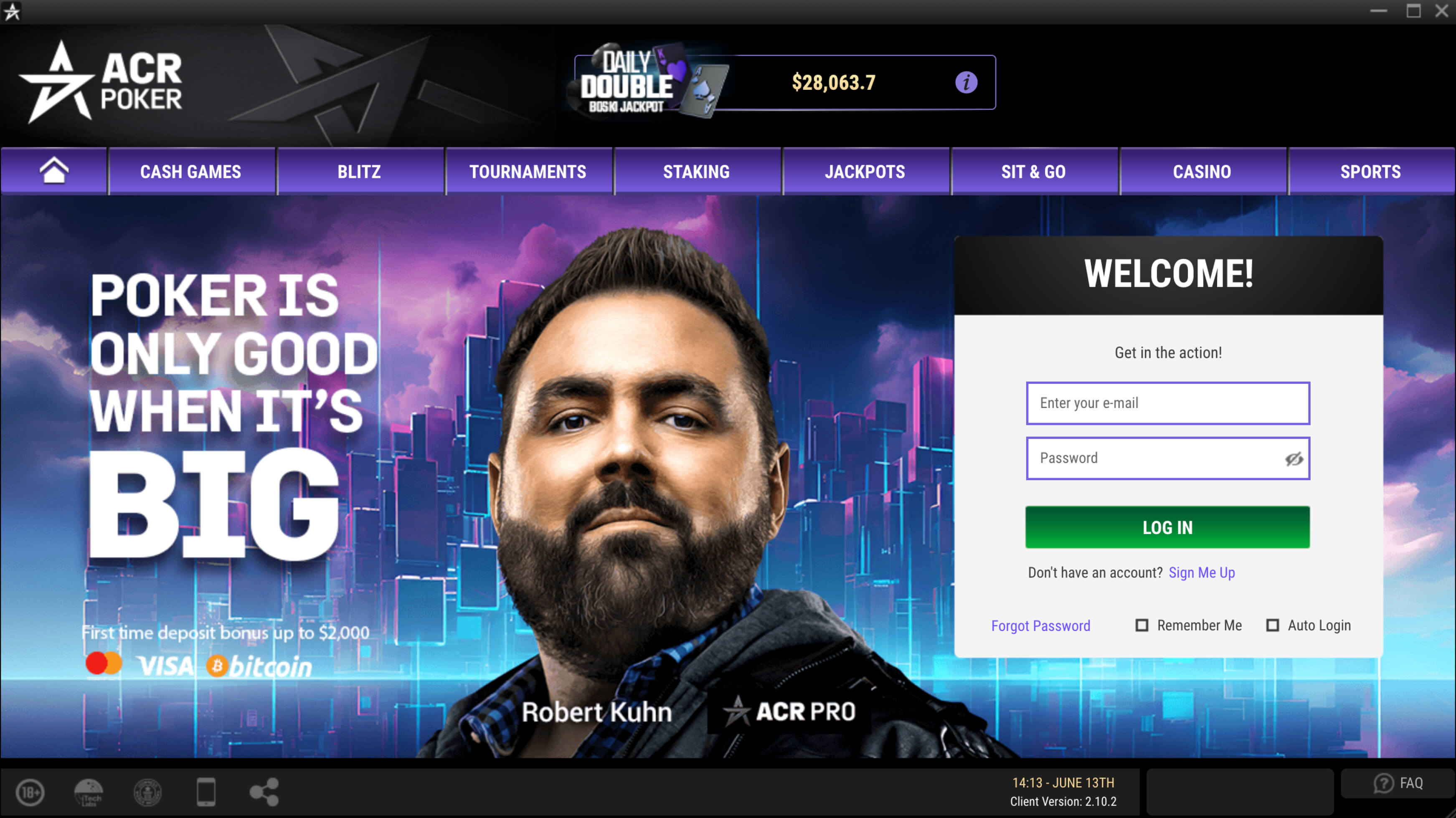 Interfaz de inicio de sesión de ACR Poker (Americas Cardroom) con campos de correo electrónico y contraseña