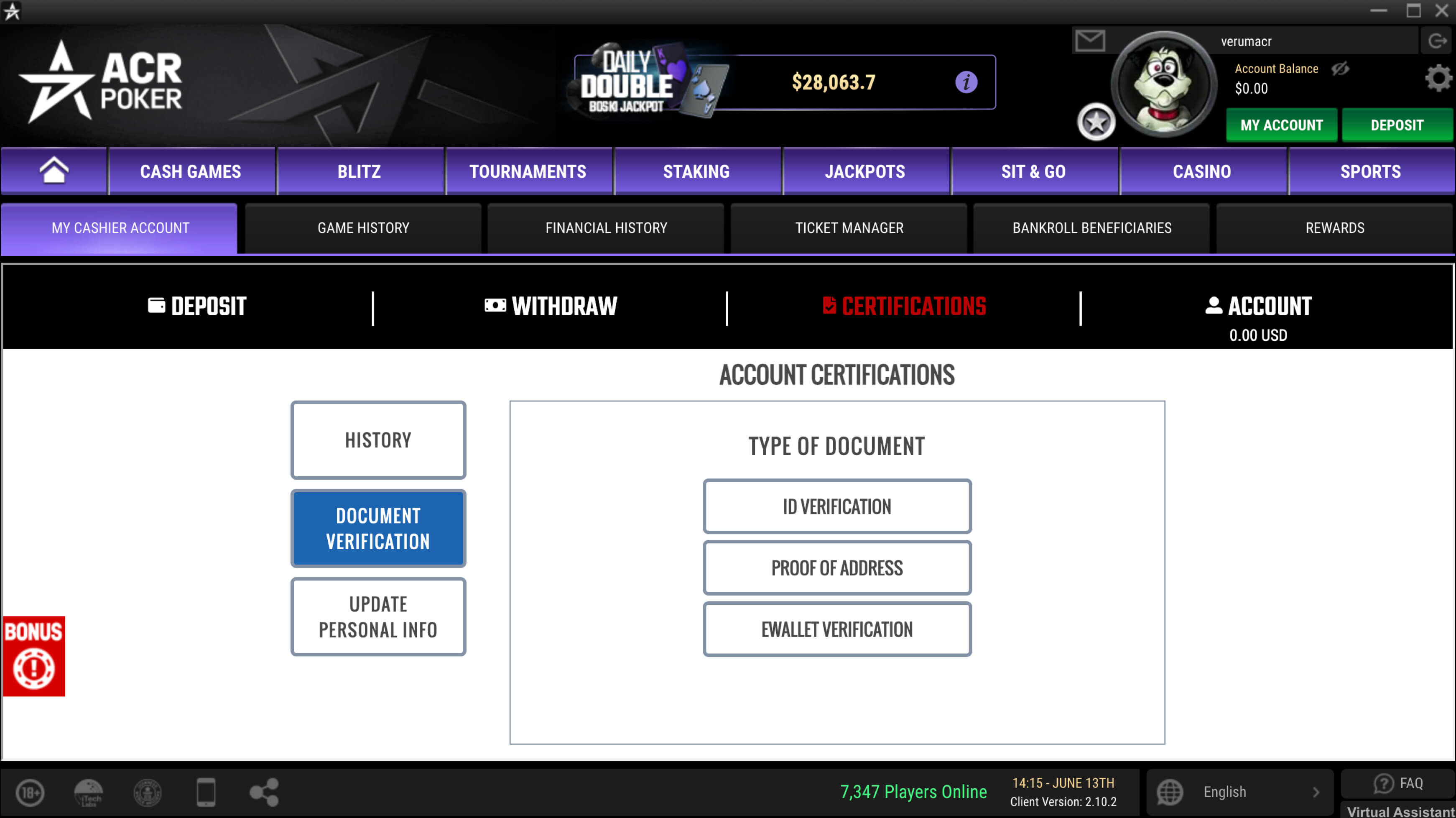 Proceso de verificación de ACR Poker (Americas Cardroom) con requisitos de documentación y botón de envío
