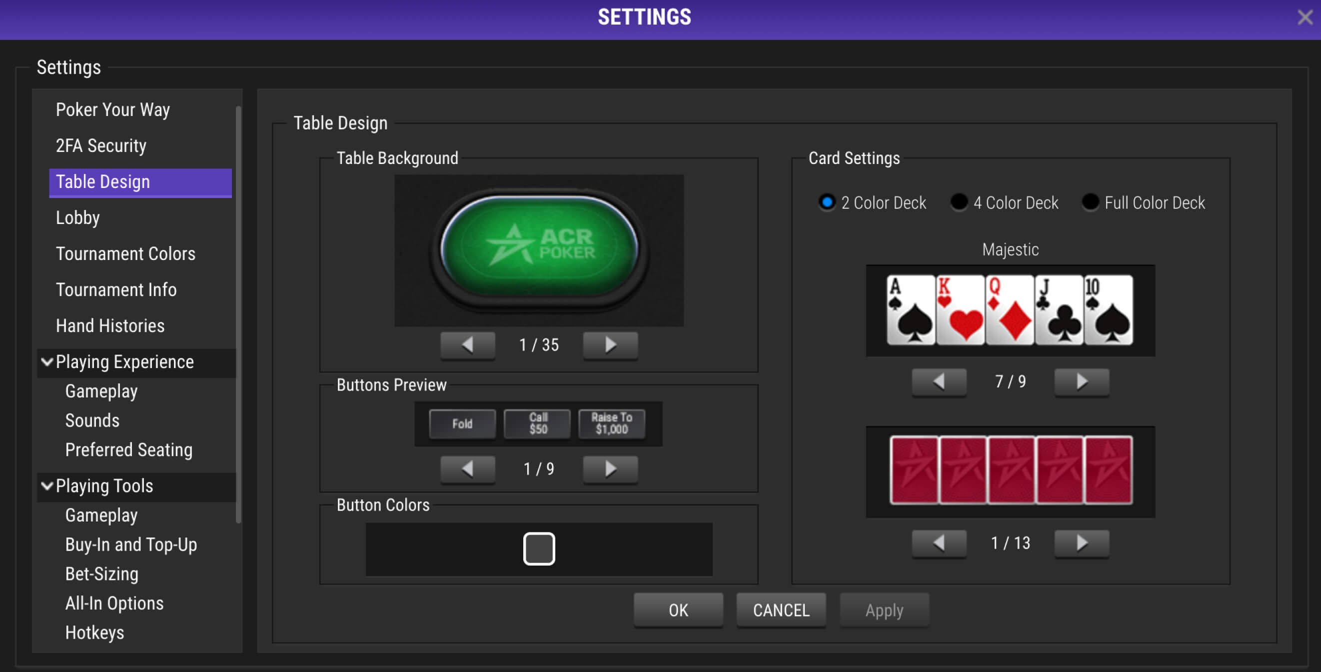 Configuración del diseño de la mesa de juego de ACR Poker (Americas Cardroom) con opciones de color de fondo y estilo de cartas