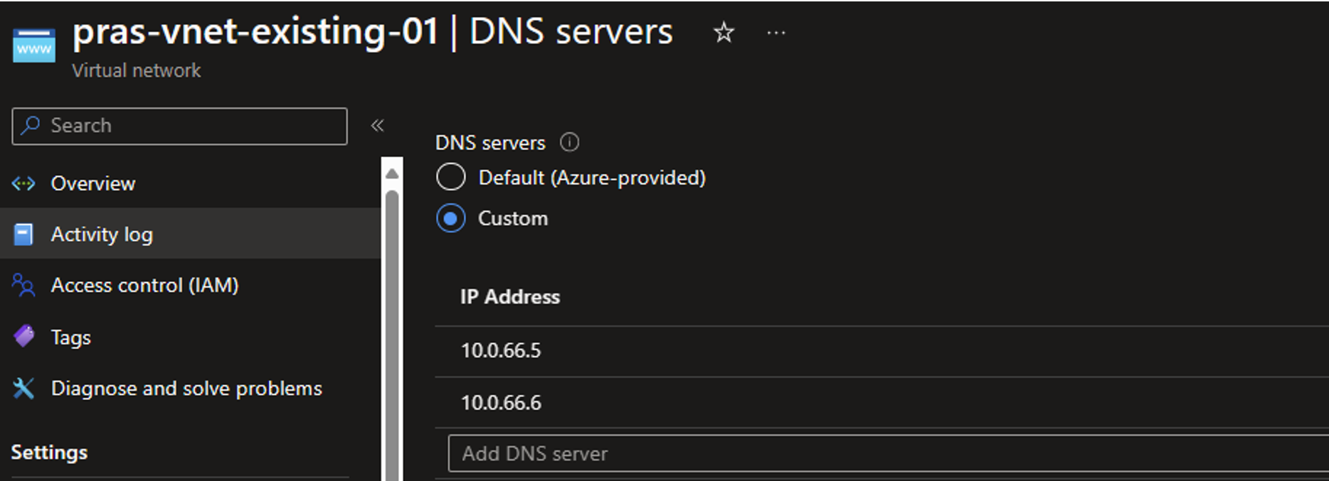 Example of a DNS configuration pointing to Active Directory Domain Controller