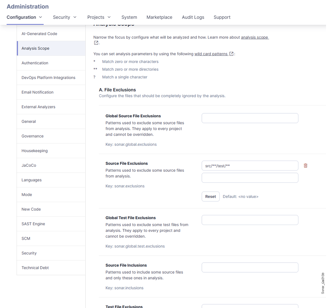File excelusion parameters of the Analysis Scope configuration page