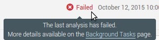 Screenshot of SonarQube showing that an analysis has failed.