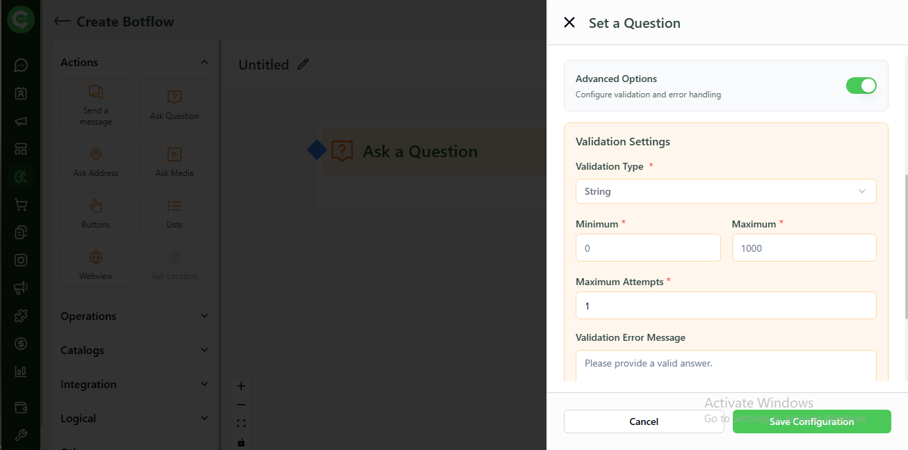 Ask a Question validation settings (type, limits, fallback) in KWIC BotFlow