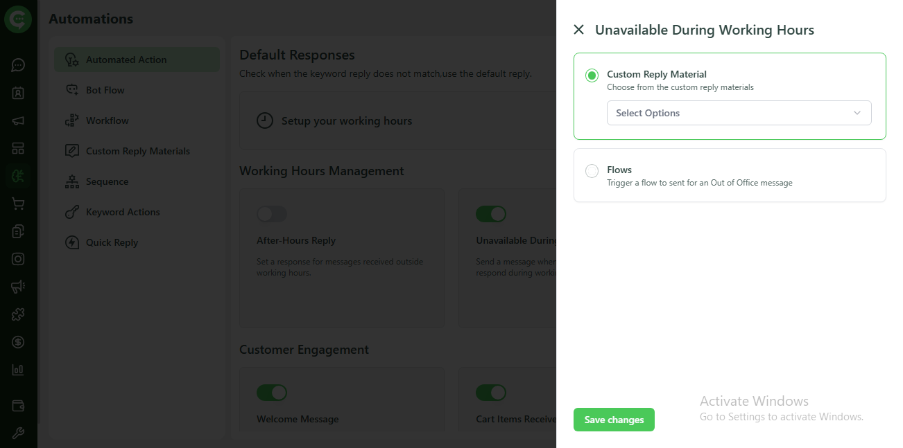Unavailable During Working Hours configuration: Custom Reply Material or Flow