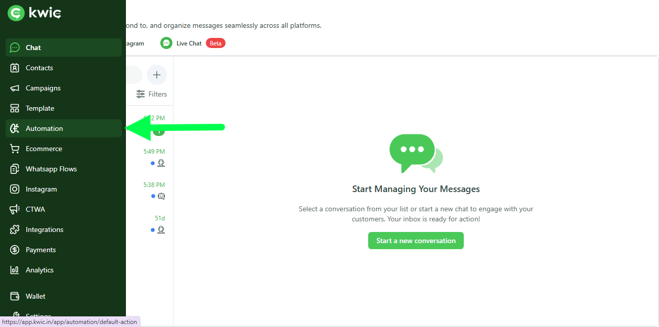 KWIC dashboard menu showing the Automations section