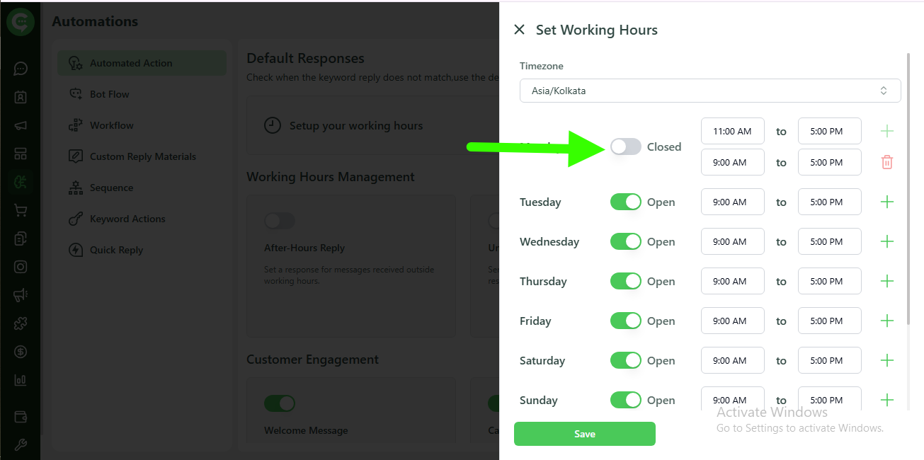 Toggle a working day from Open to Closed in KWIC
