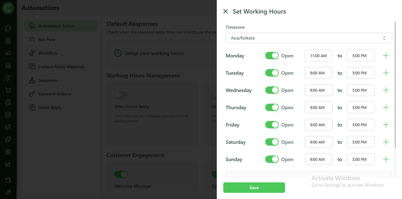 Working Hours configuration screen in KWIC Automations