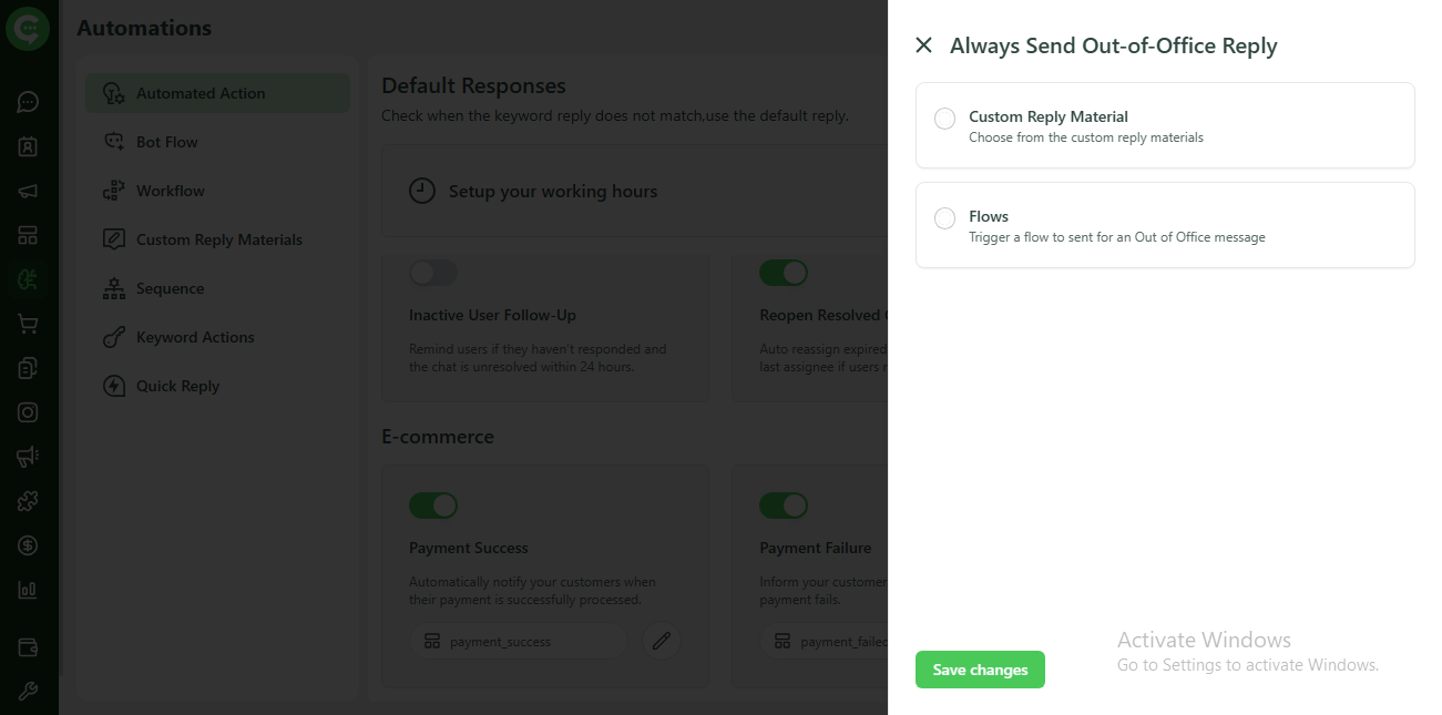 Out-of-office reply configuration: Custom Reply Material or Flow