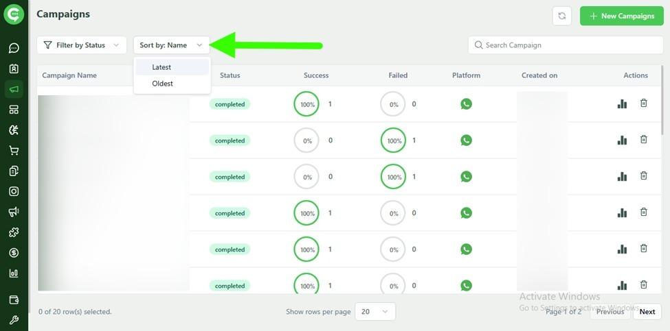 Filter and search options for WhatsApp campaigns in KWIC