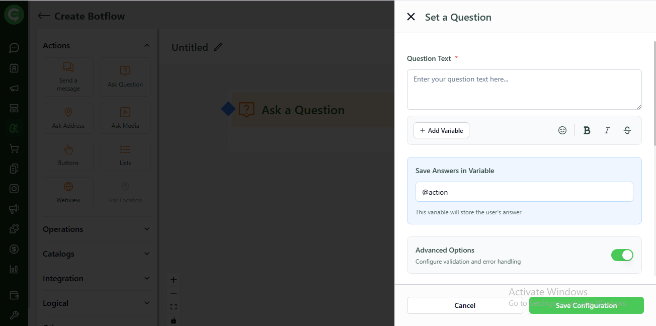 Ask a Question action settings in KWIC BotFlow