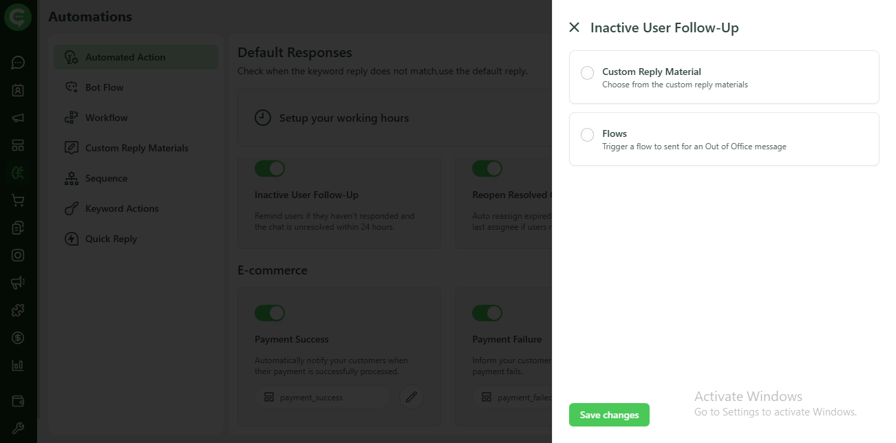 Inactive User Follow-Up configuration: Custom Reply Material or Flow