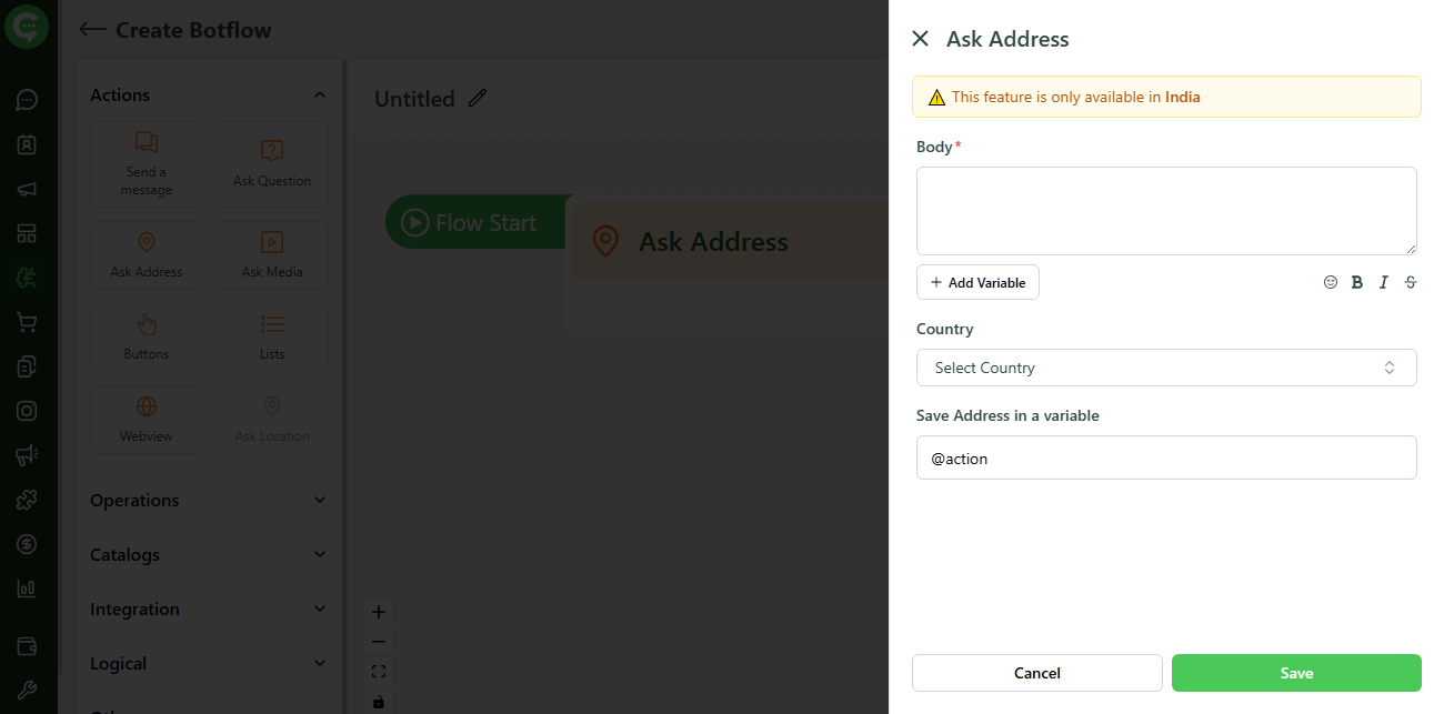 Ask Address action settings: body text, country, save variable