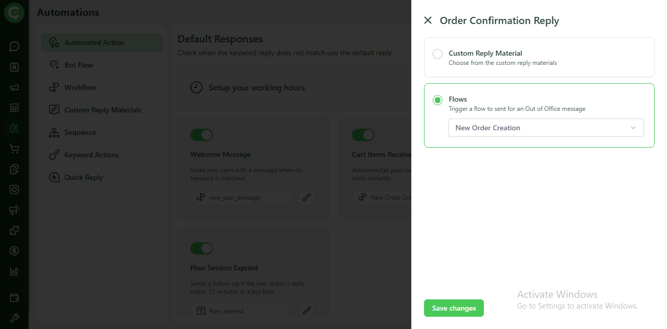 Cart Items Received configuration: Custom Reply Material or Flow