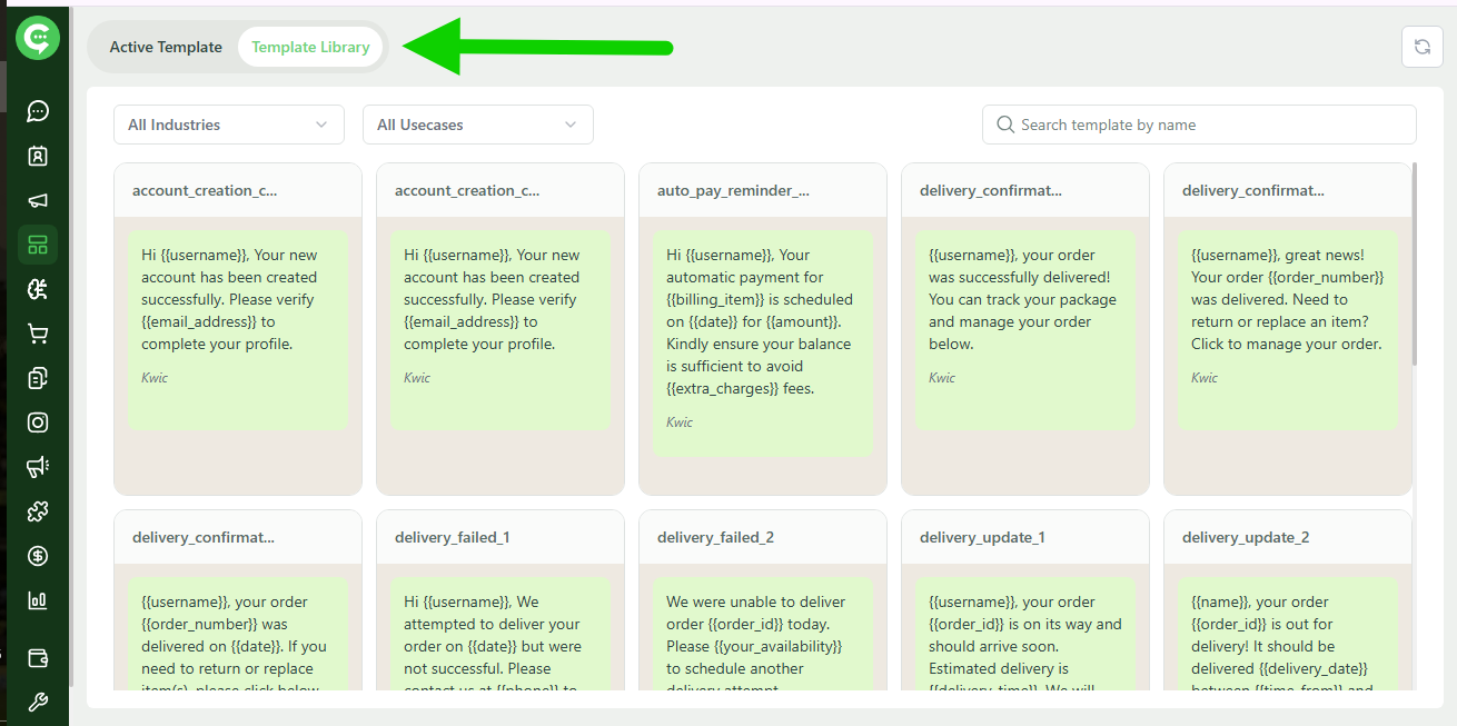KWIC Template Library screen showing WhatsApp message templates