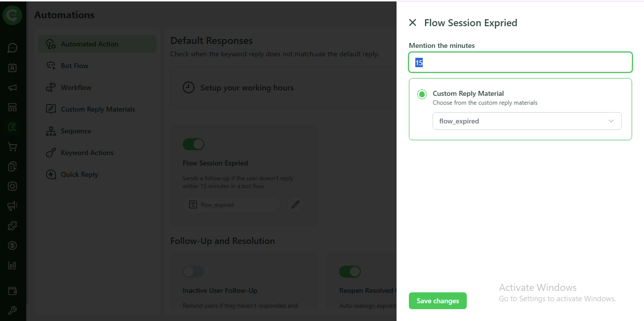 Flow Session Expired configuration: Custom Reply Material or Flow