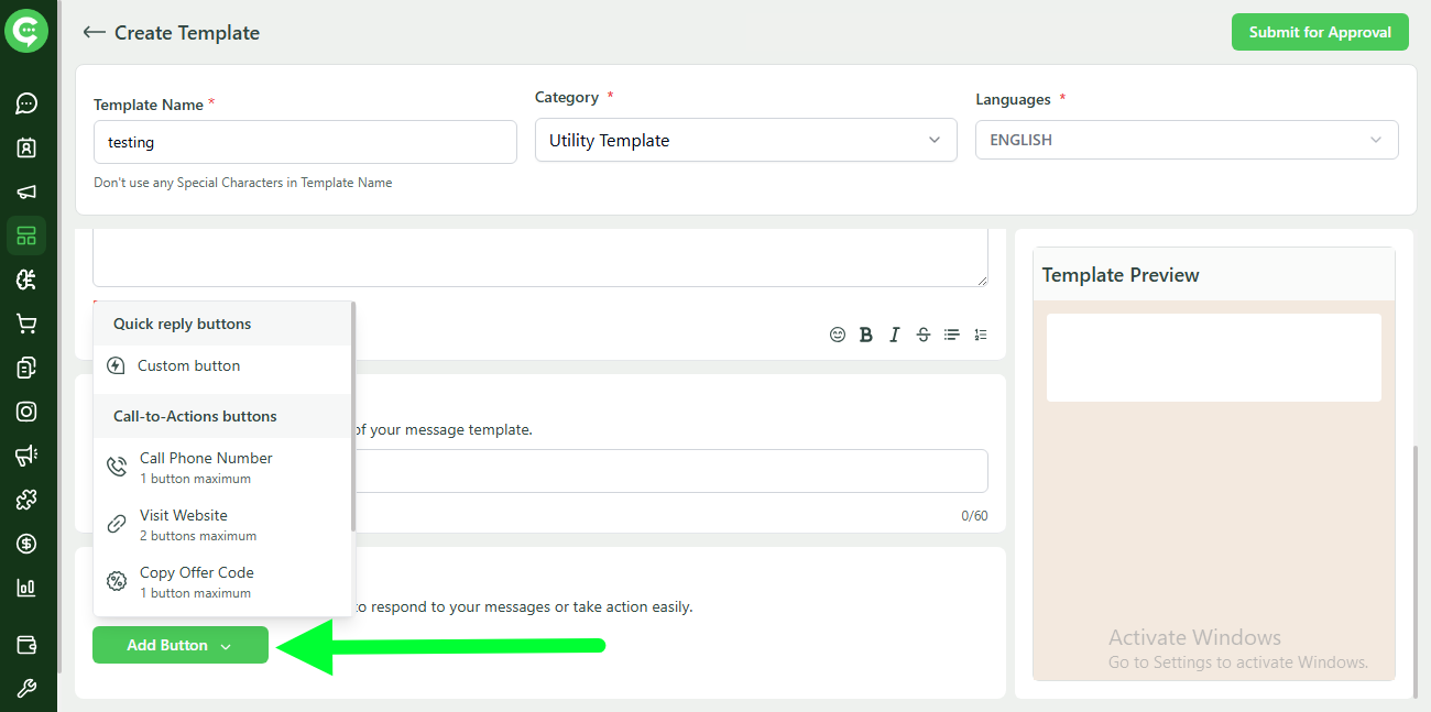 WhatsApp message template button options in KWIC