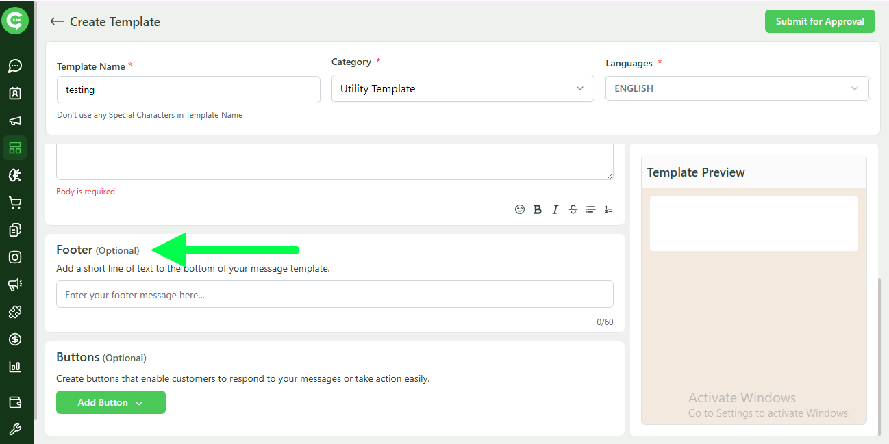 WhatsApp template footer field in KWIC