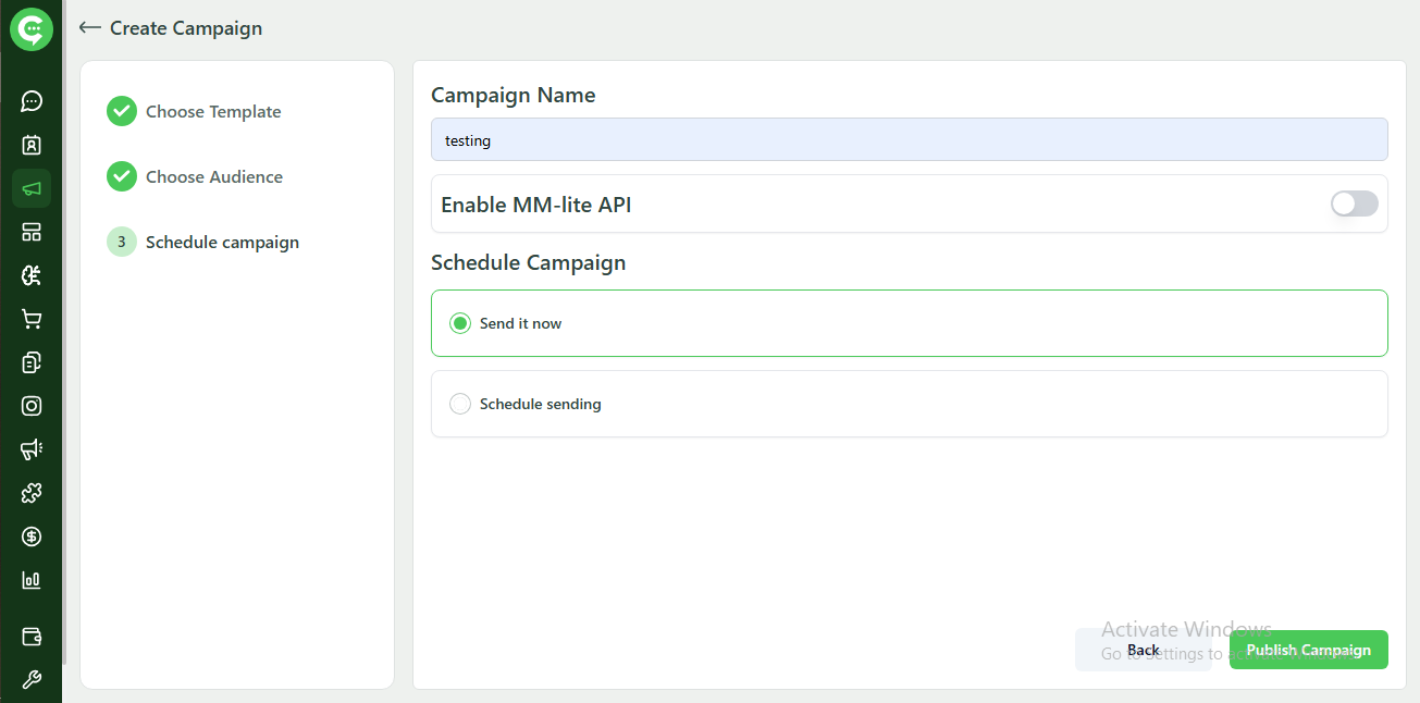 Schedule WhatsApp campaign in KWIC (send now or schedule)
