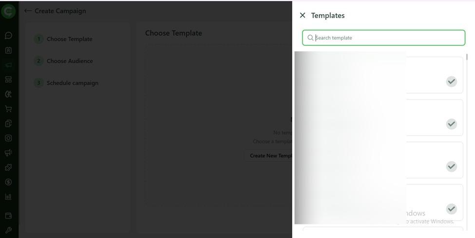 Template selection screen for WhatsApp campaign messages in KWIC