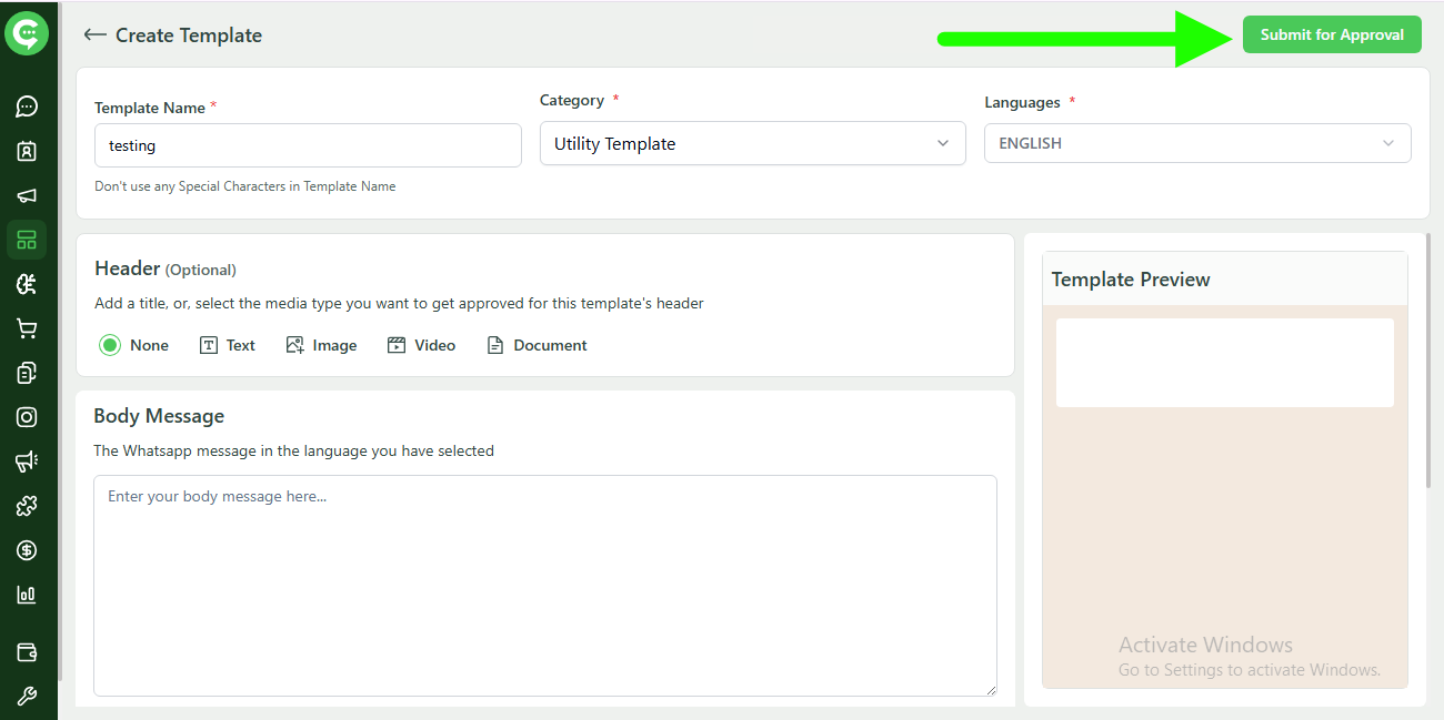 Submit WhatsApp template for Meta approval in KWIC