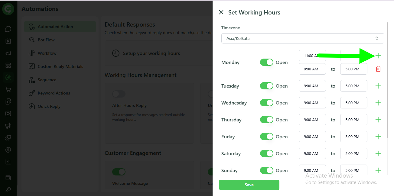 Add a second time slot in Working Hours
