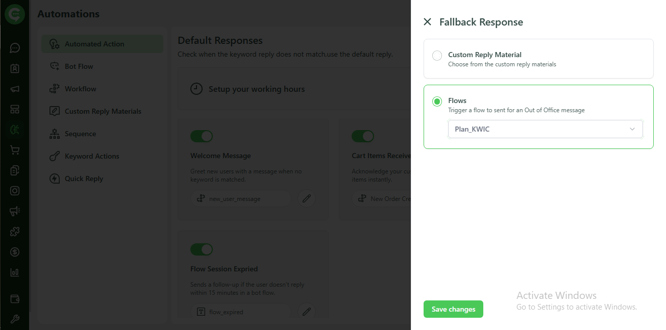 Fallback Response configuration: Custom Reply Material or Flow