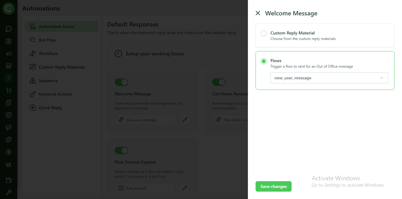 Welcome Message configuration: Custom Reply Material or Flow