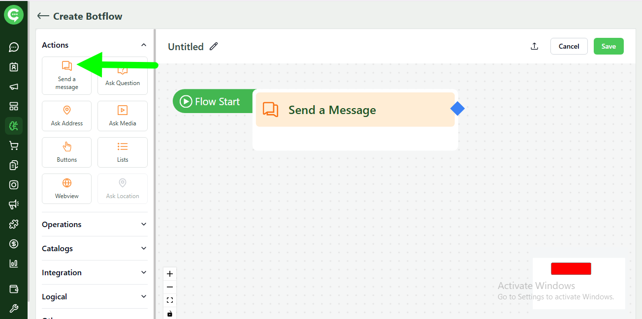 Send Message action block in KWIC BotFlow builder