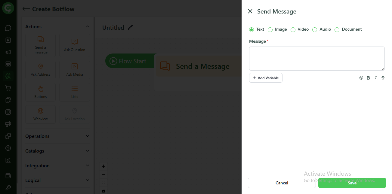 Send Message action message types: text, image, video, audio, document