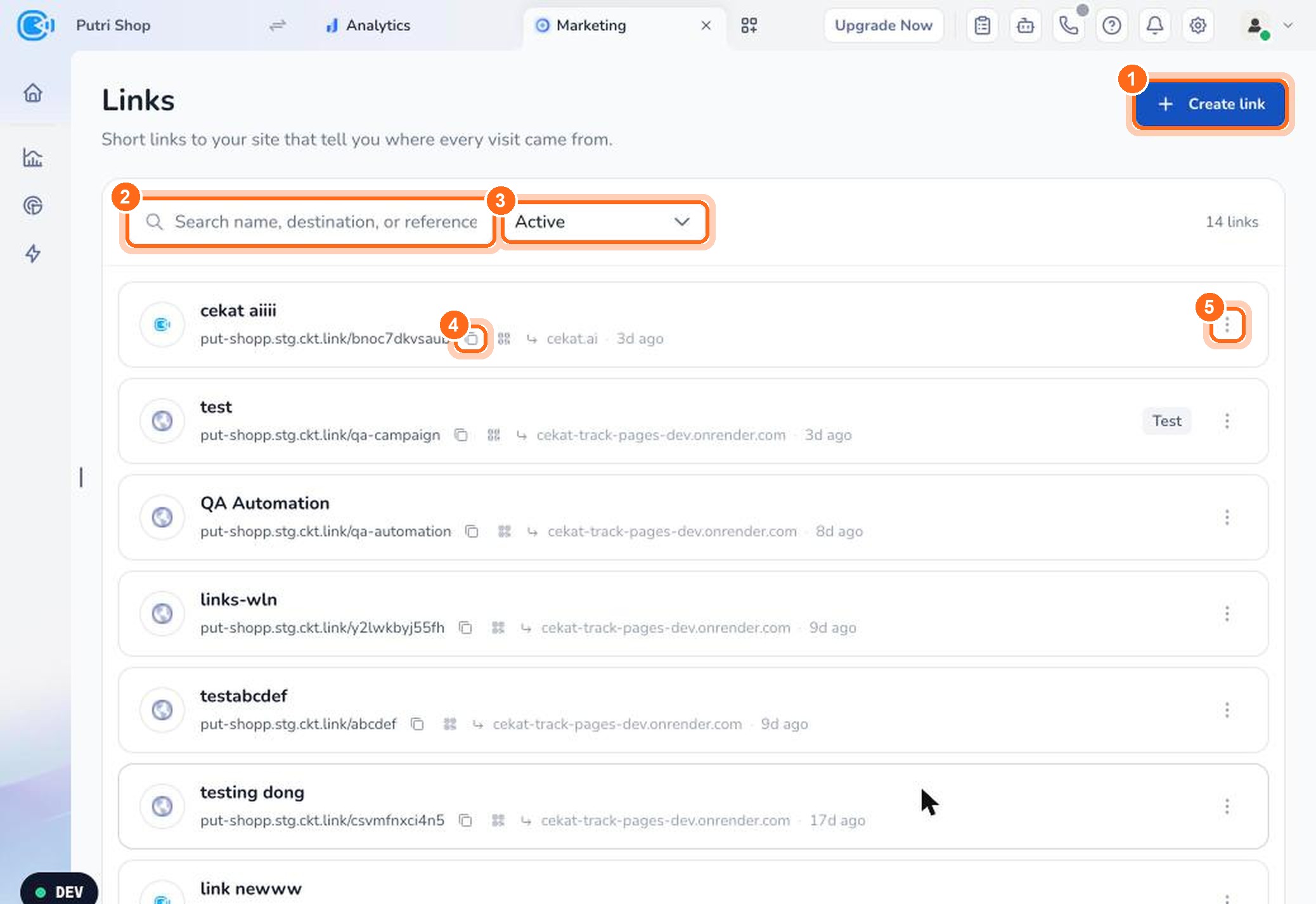 Figure 3. Create a link (1), search links (2), filter by status (3), copy the short link (4), and open the link menu (5).