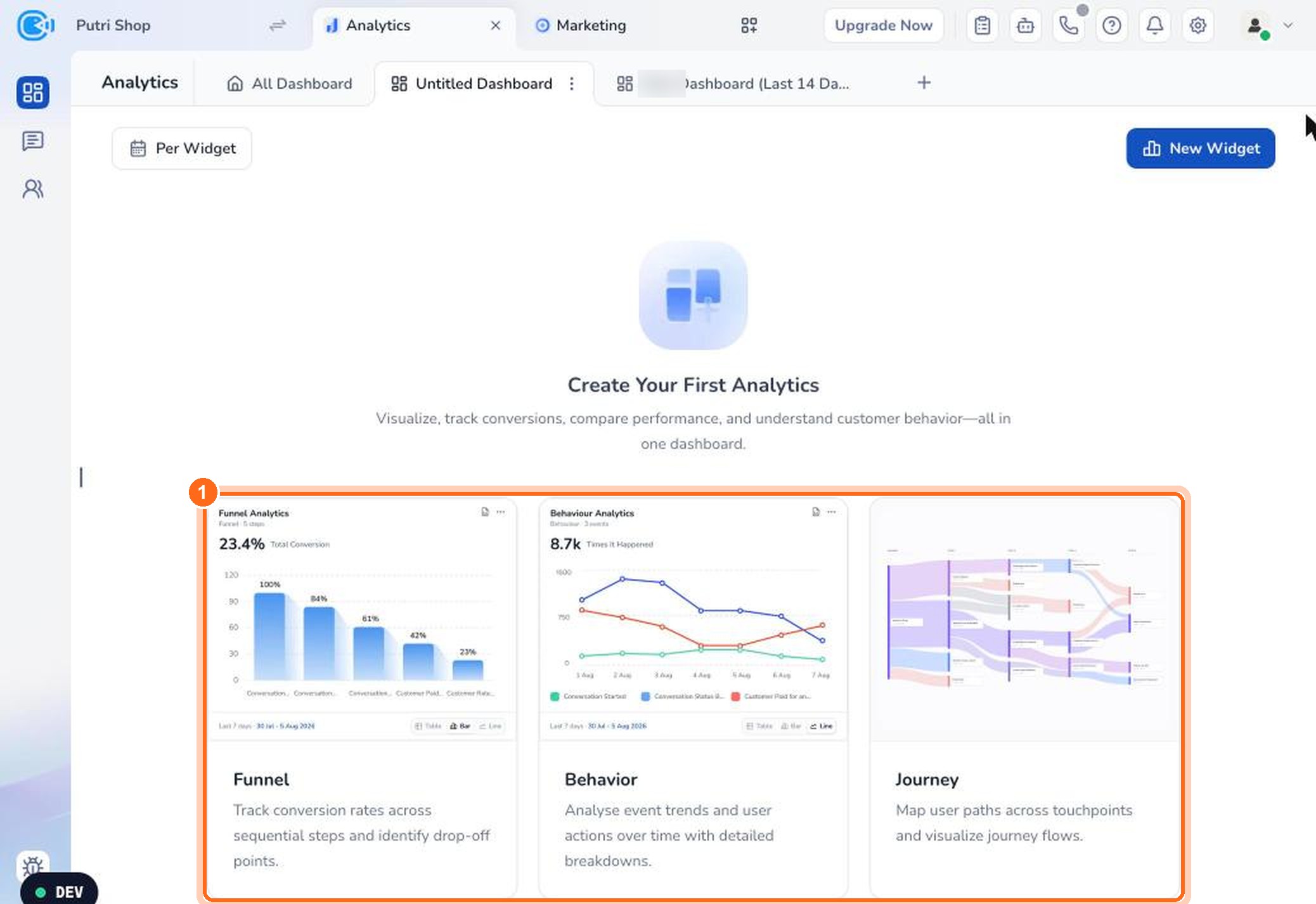 Figure 7. An empty dashboard shows the three analysis types you can create right away (1).
