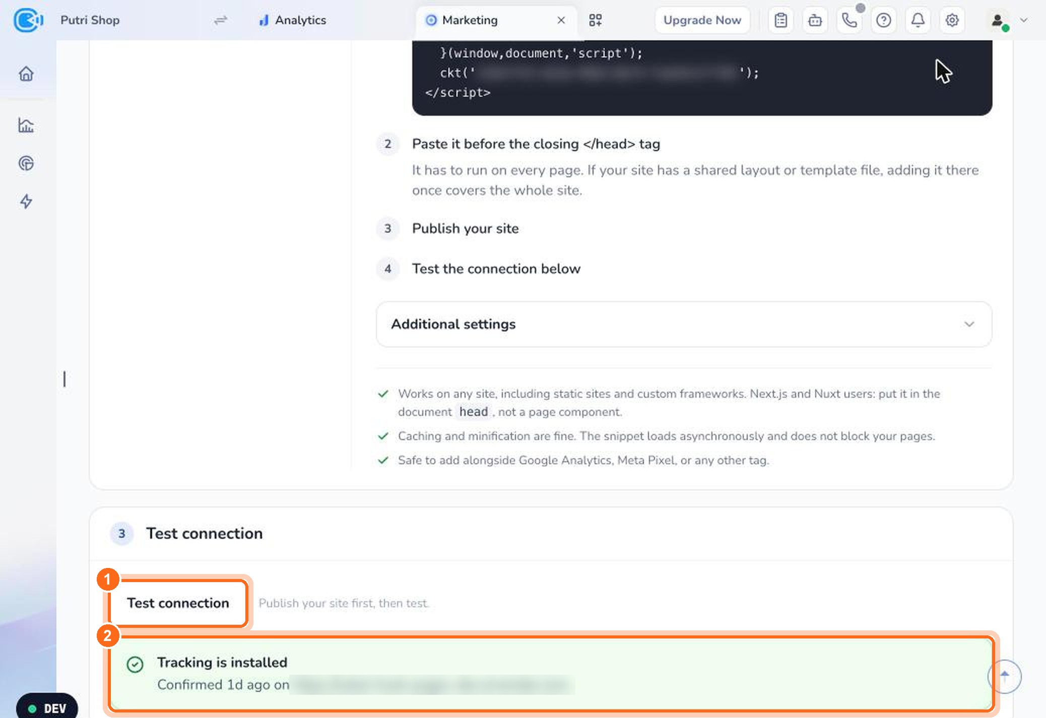 Figure 3. Click Test connection (1). When it works, you see “Tracking is installed” (2).
