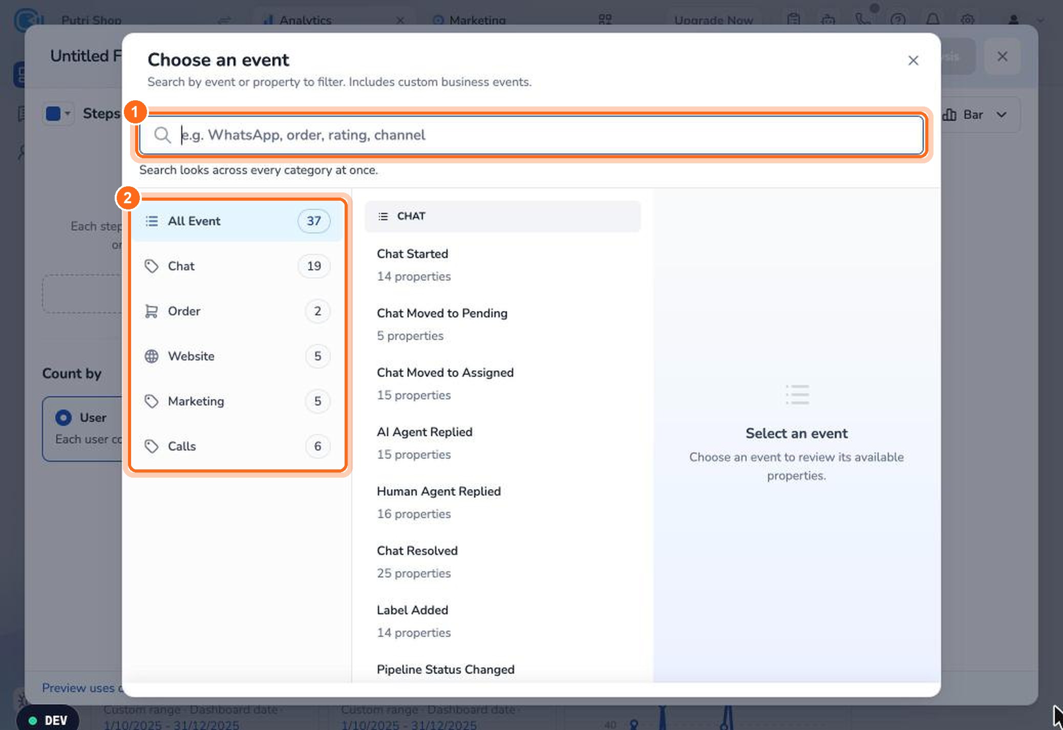 Figure 9. Search for an event (1) or browse by category (2).