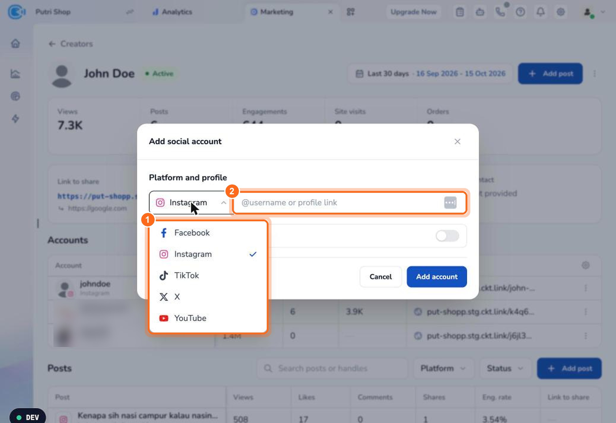 Figure 7. Choose a platform (1), then type the username or paste the profile link (2).