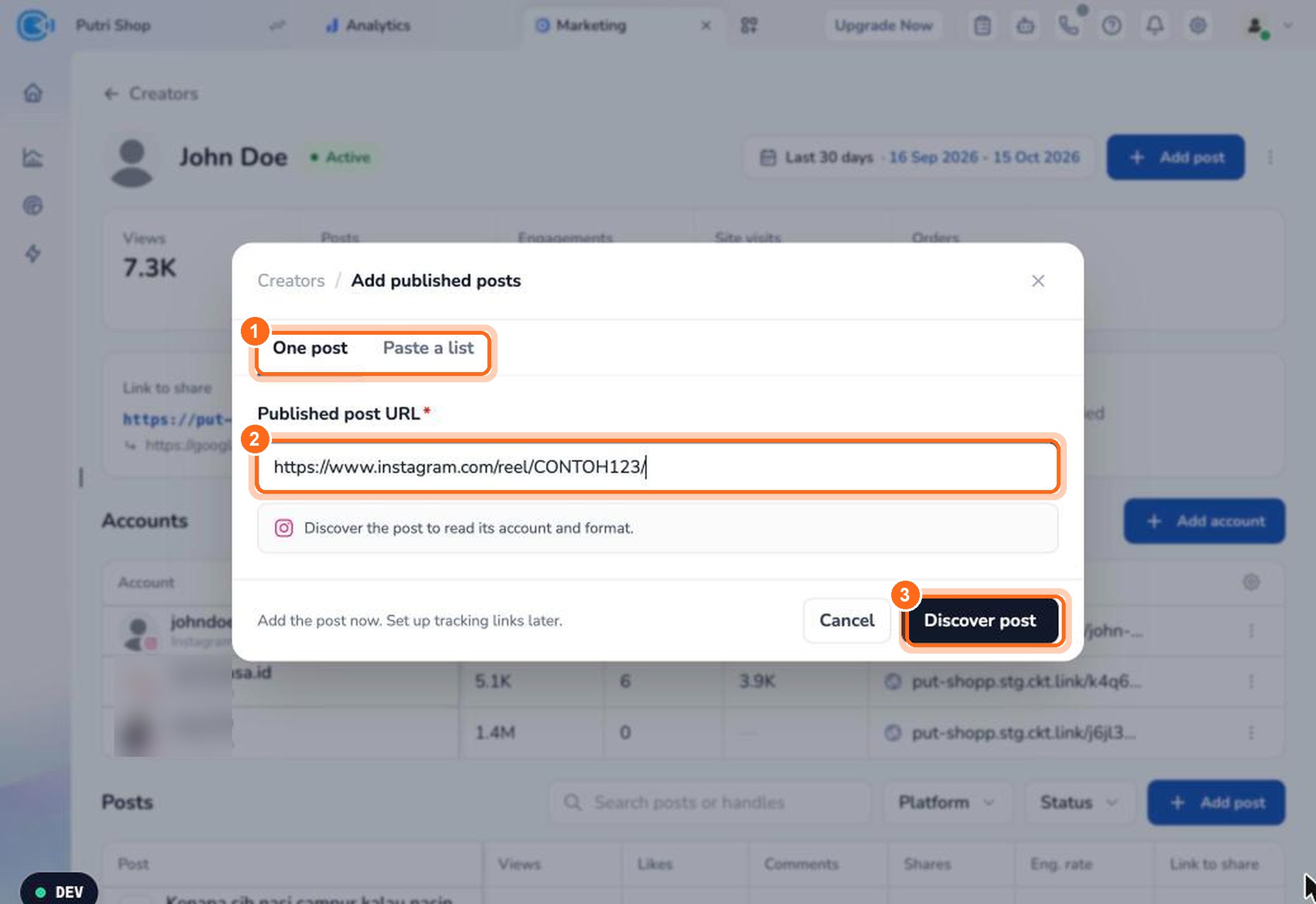 Figure 9. Choose One post (1), paste the post URL (2), then click Discover post (3).