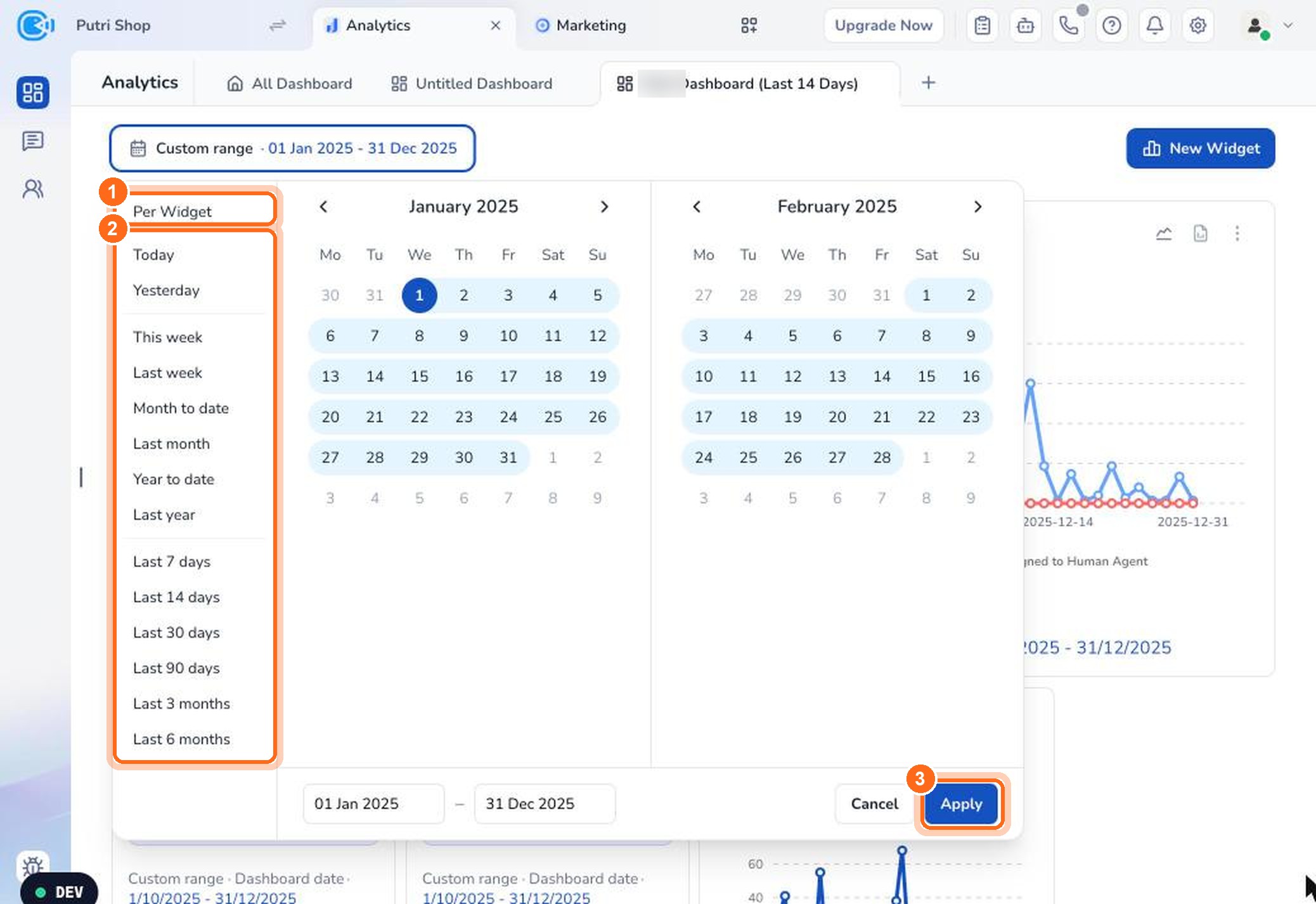 Figure 5. Choose Per Widget (1) or a preset period (2), then click Apply (3).