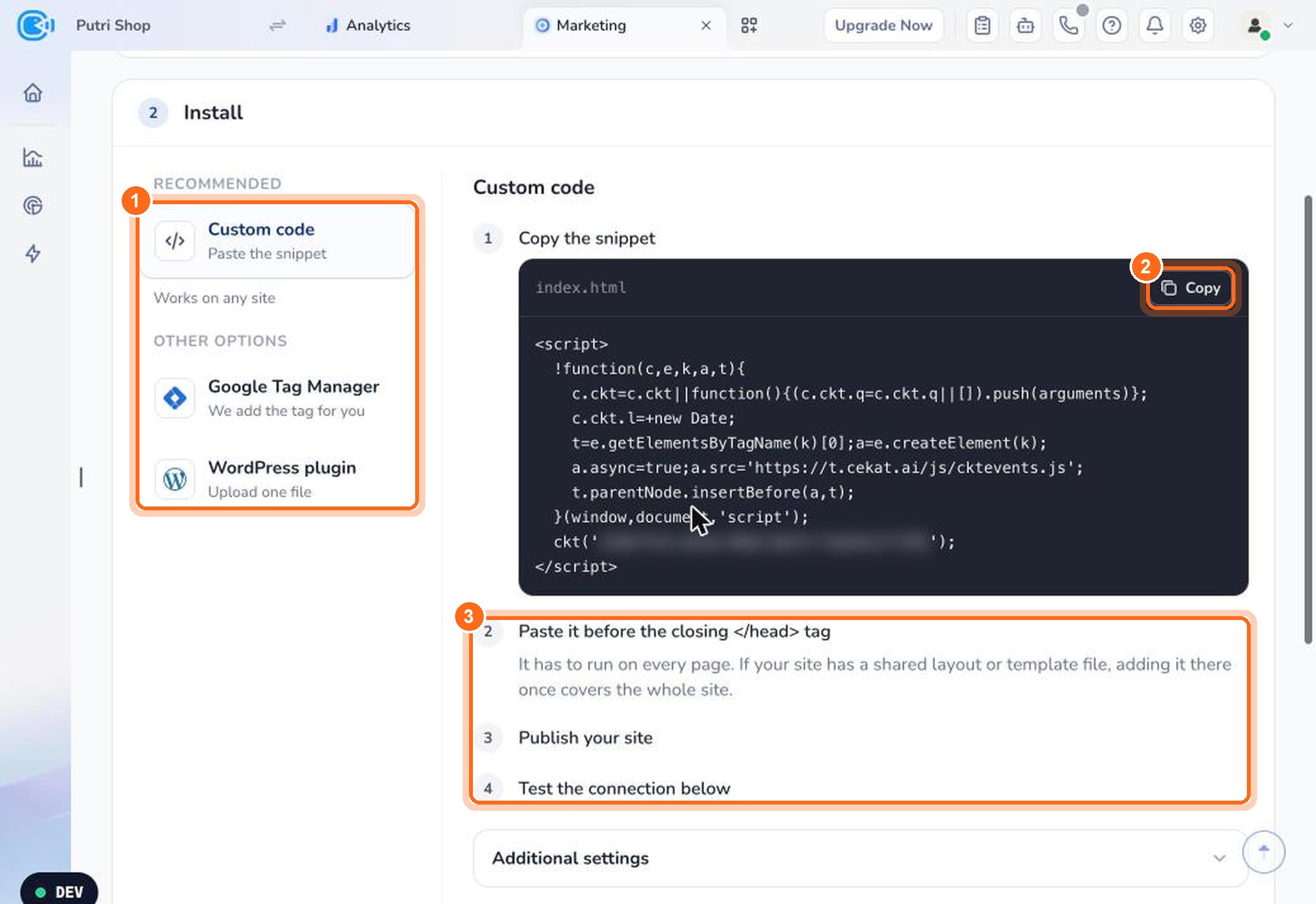 Figure 2. Choose an install method (1), copy the snippet (2), then follow the install steps (3).
