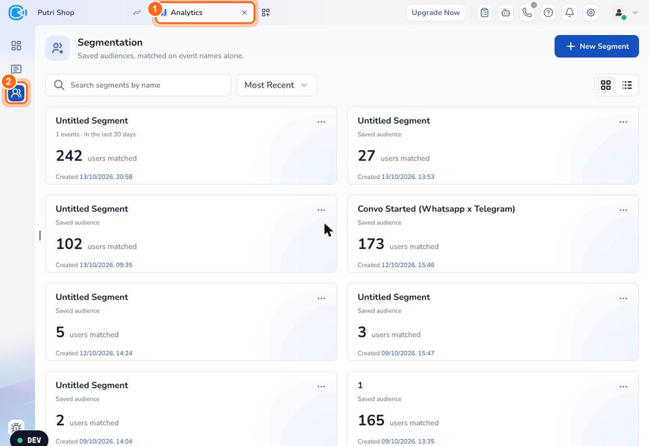 Figure 1. Click Analytics (1), then the Segmentation icon in the left sidebar (2).