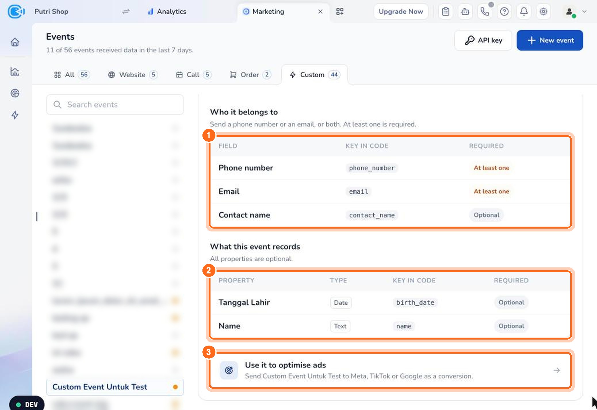 Figure 2. Required contact data (1), event properties (2), and the button to send the event as an ad conversion (3).