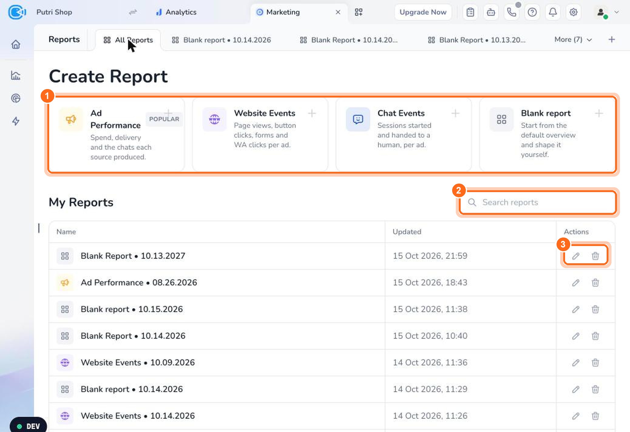 Figure 1. Pick a template to create a report (1), search saved reports (2), then rename or delete a report (3).