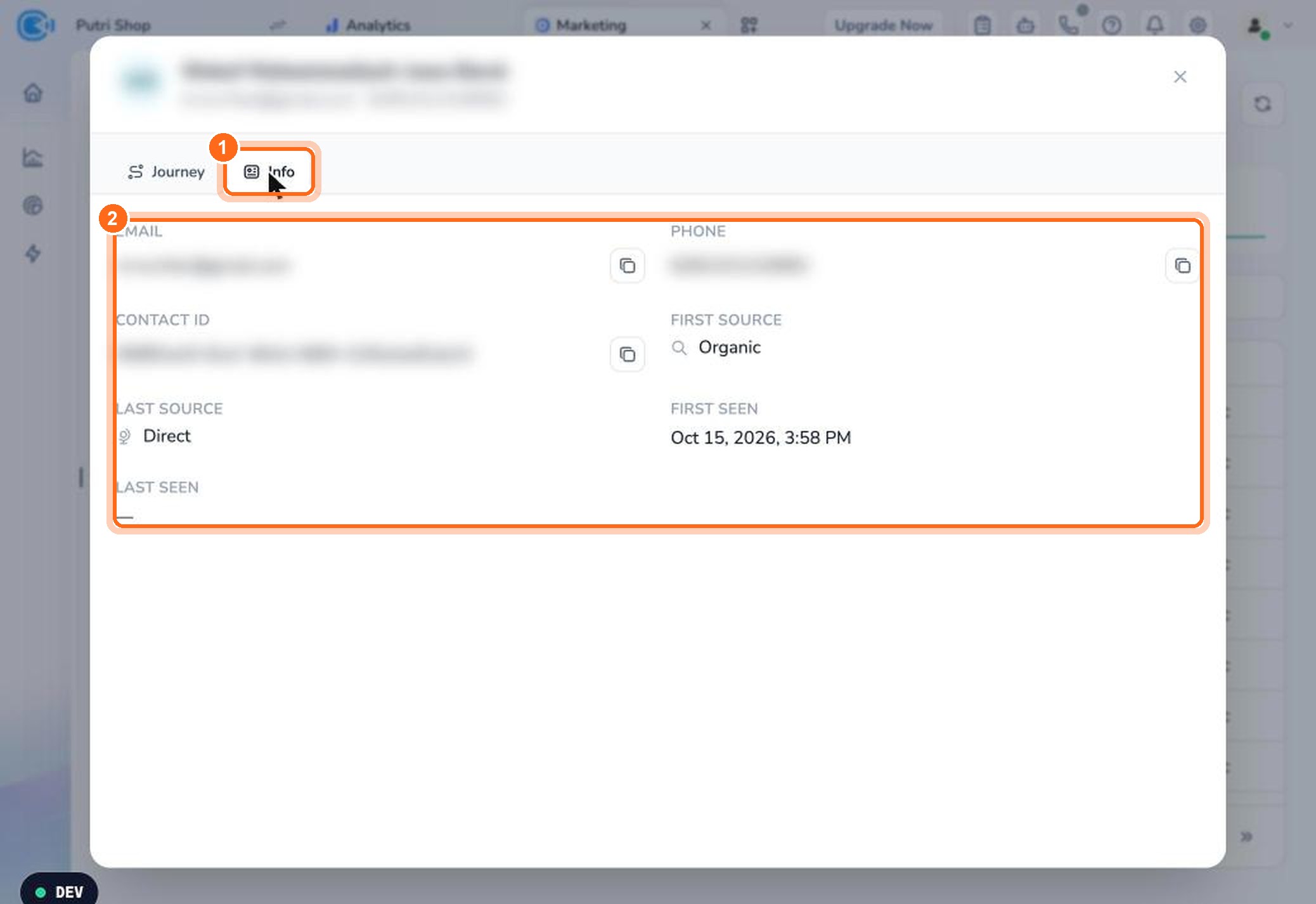Figure 7. The Info tab (1) shows the contact's details and visit sources (2).