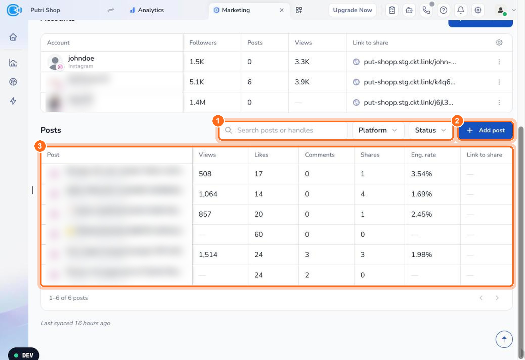 Figure 6. Search and filter posts (1), add a post (2), and see how each post performs (3).