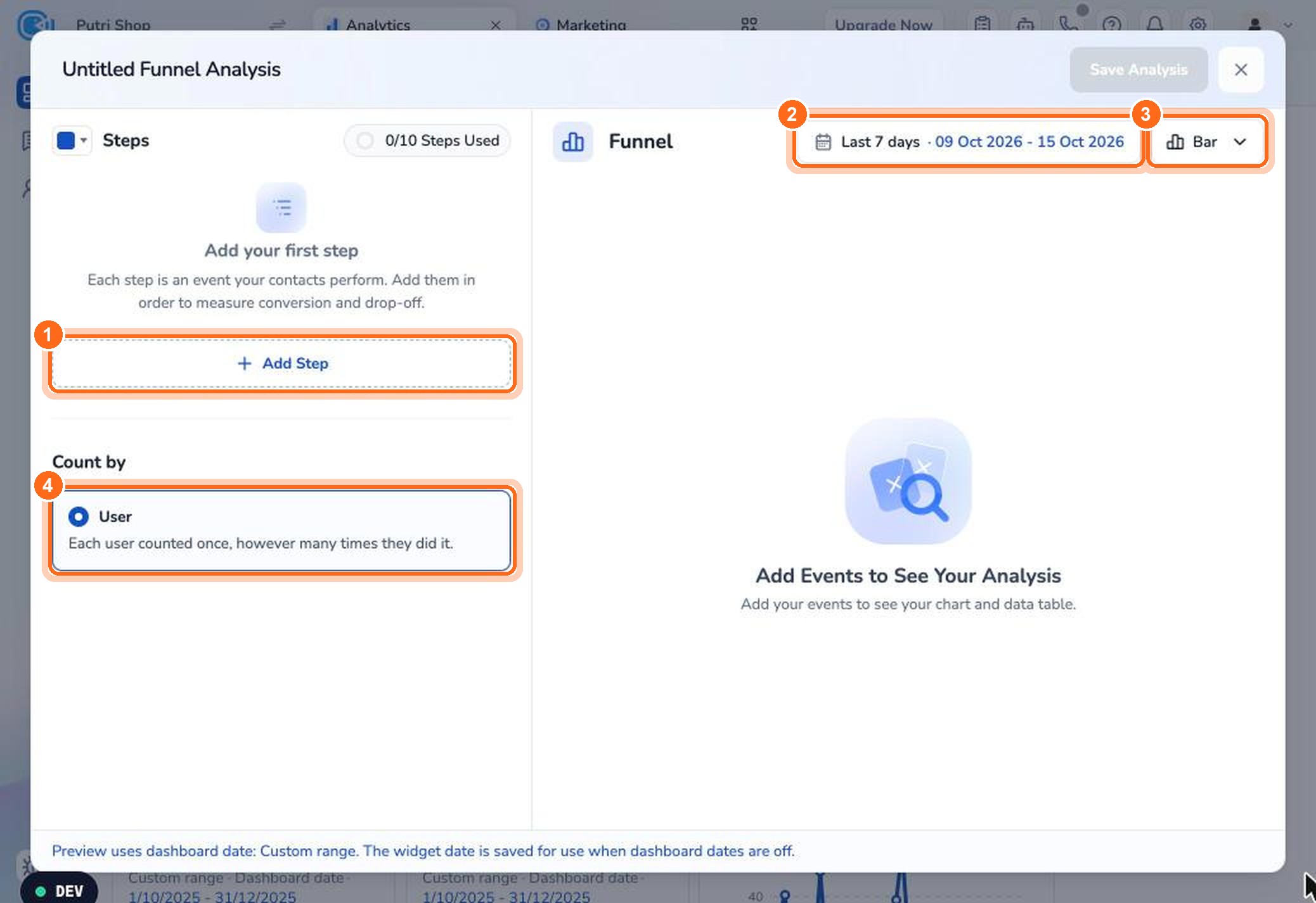 Figure 8. Click Add Step (1). Set the preview date (2), chart type (3), and how users are counted (4).