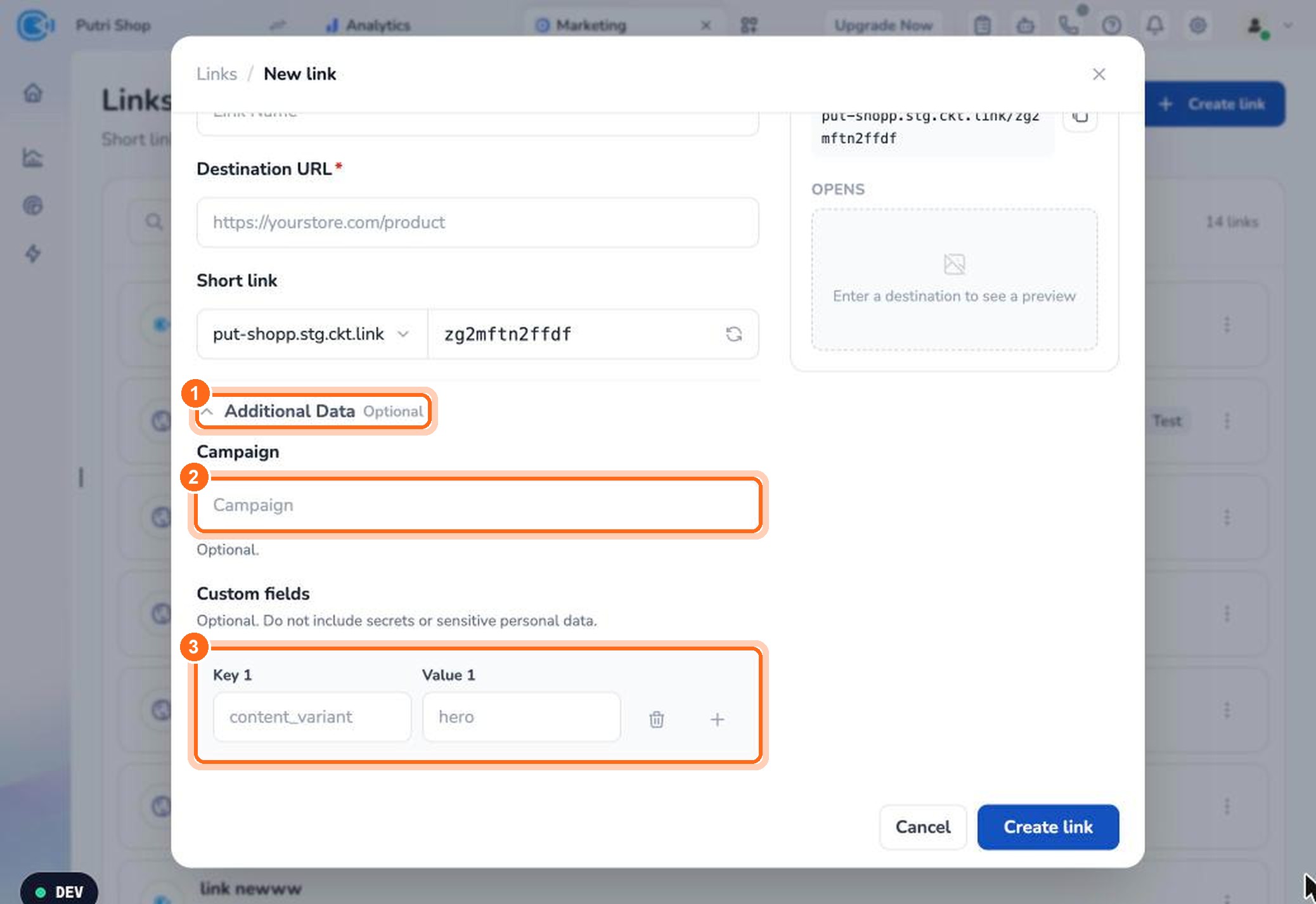 Figure 2. Open Additional Data (1), fill in Campaign (2), and add Custom fields (3).